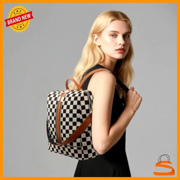 Checkered Canvas Backpack Purse for Women with Multiple Pockets Travel Daypack main image 5